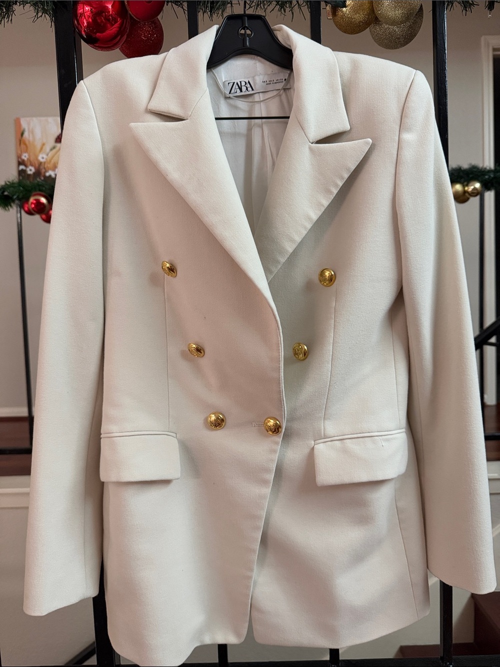 Zara Cream Double-Breasted Blazer with Gold-Tone Buttons